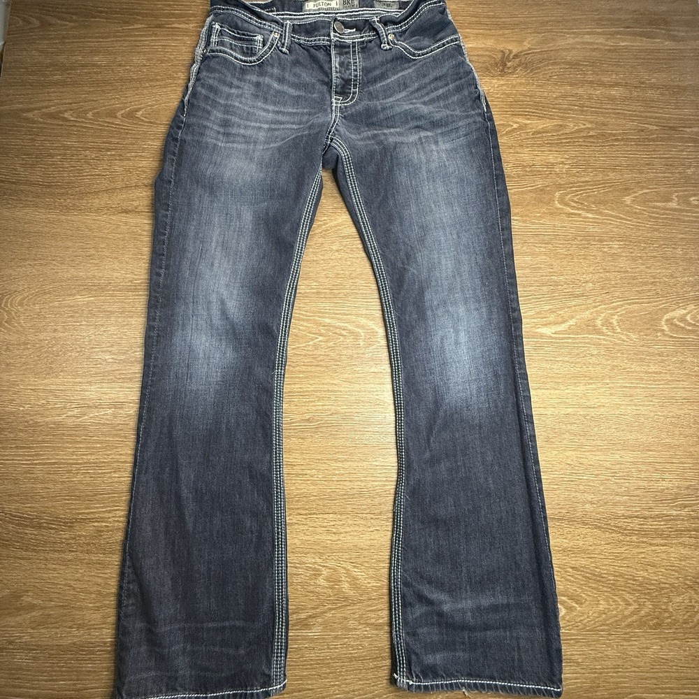 BKE Jeans Mens 33L Blue Bootcut Fulton BKE Denim Medium Wash Faded Distressed